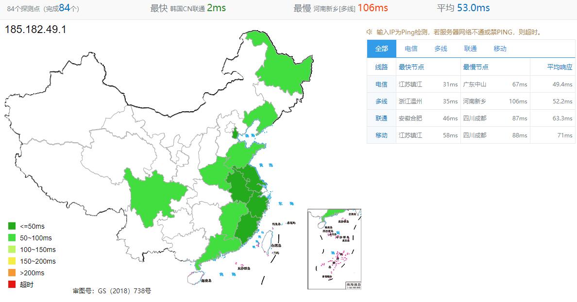 弘速云韩国VPS全国Ping延迟测试