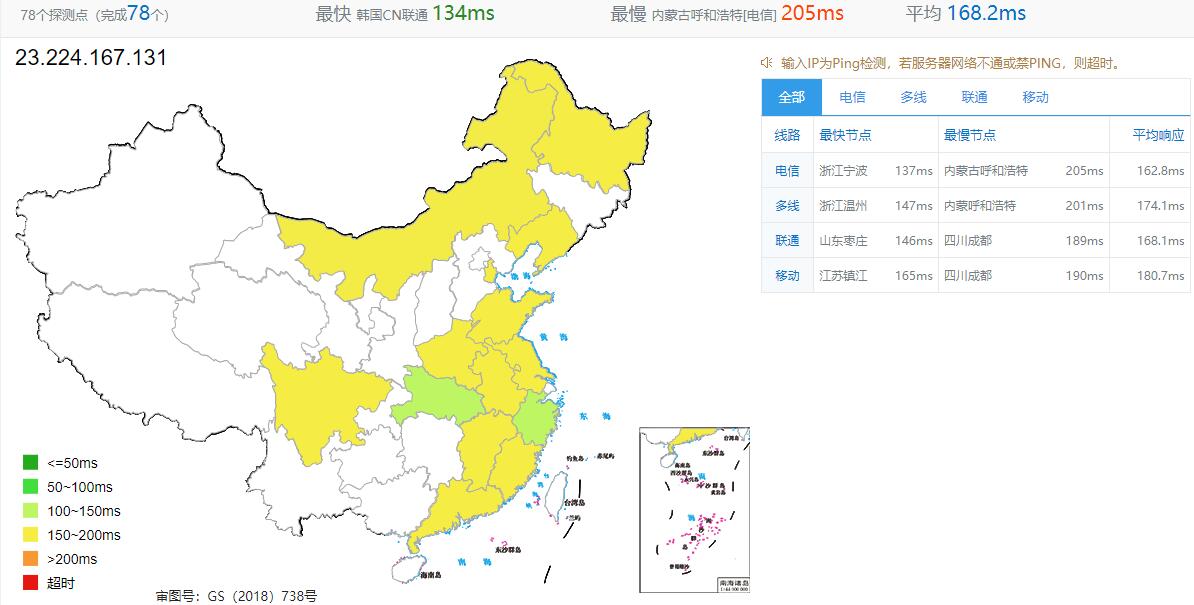 青云互联美国VPS全国Ping测试